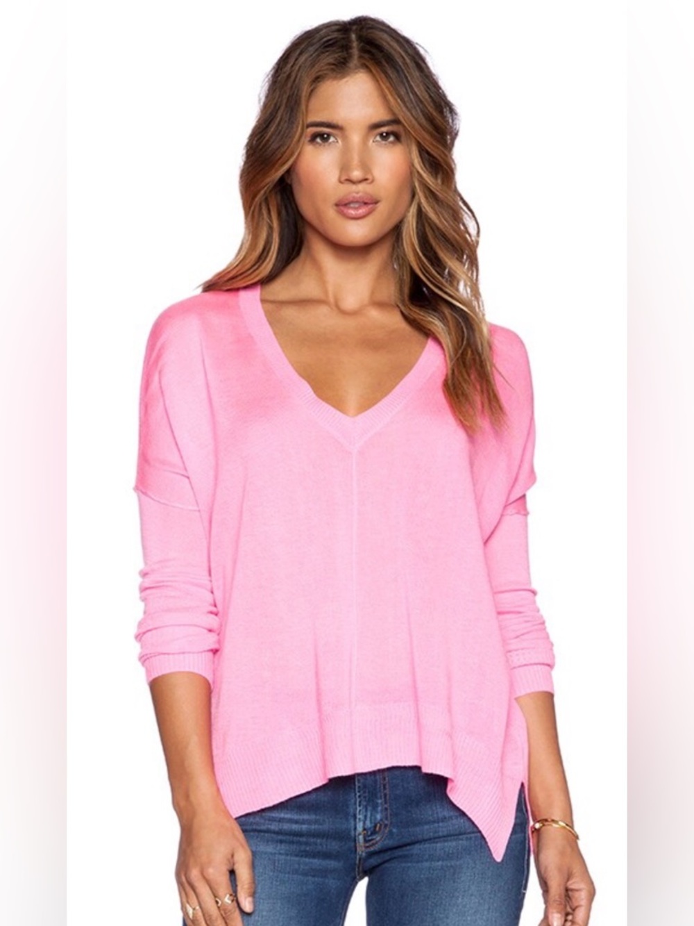 John + Jenn Bubblegum Pink V-Neck Lightweight Sweater